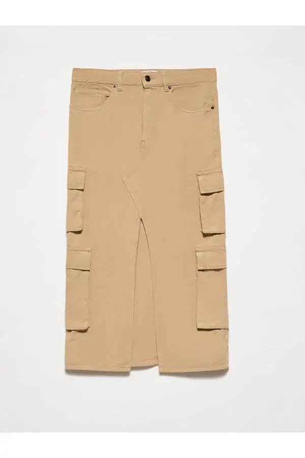 80858 Yukori Cho'ntakli Midi Yubka - Bej - 1