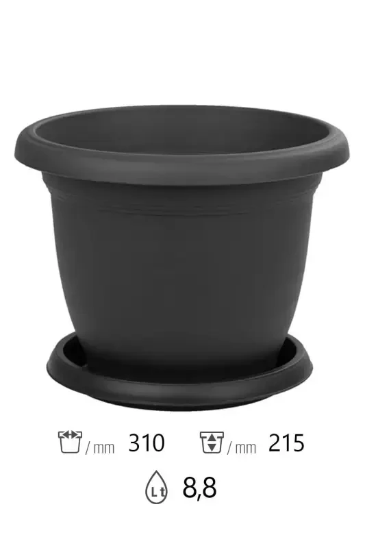 8.8lt Ø31x21,5cm Saucered Matte Plastic Medium Round Pot Villa No7 Anthracite Grey-8,8L - 2