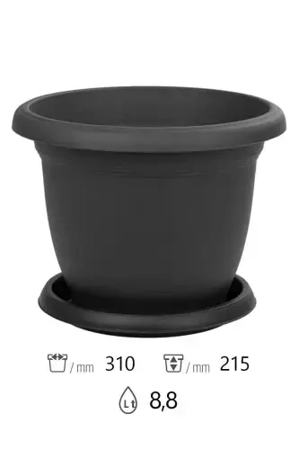 8.8lt Ø31x21,5cm Tabaklı Mat Plastik Orta Boy Yuvarlak Saksı Villa No7 Antrasit Gri-8,8L - 2