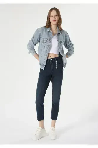 Slim Fit Orta Bel Daralan Paça Kadın Koyu İndigo Jean Pantolon - 3