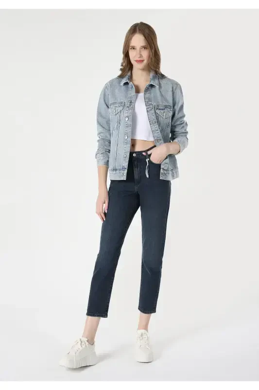 891 Maya Slim Fit O'rta Bel Toraydigan Oyoqlari Qorong'i Ko'k Ayollar Shimini - 1