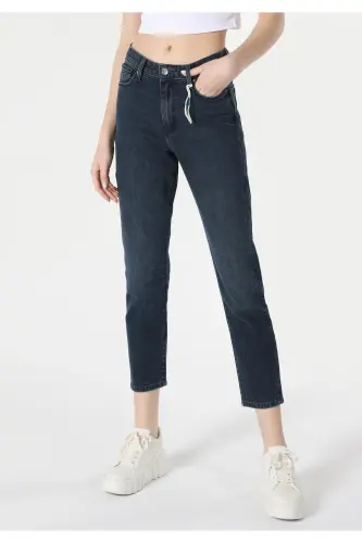 891 Maya Slim Fit O'rta Bel Toraydigan Oyoqlari Qorong'i Ko'k Ayollar Shimini - 4