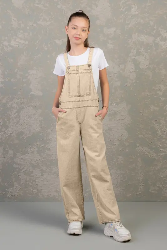 9-14 Age Cotton Girls' Gabardine Jumpsuit-Beige - 1