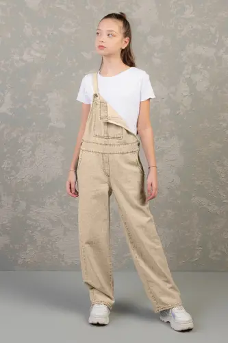 9-14 Age Cotton Girls' Gabardine Jumpsuit-Beige - 2