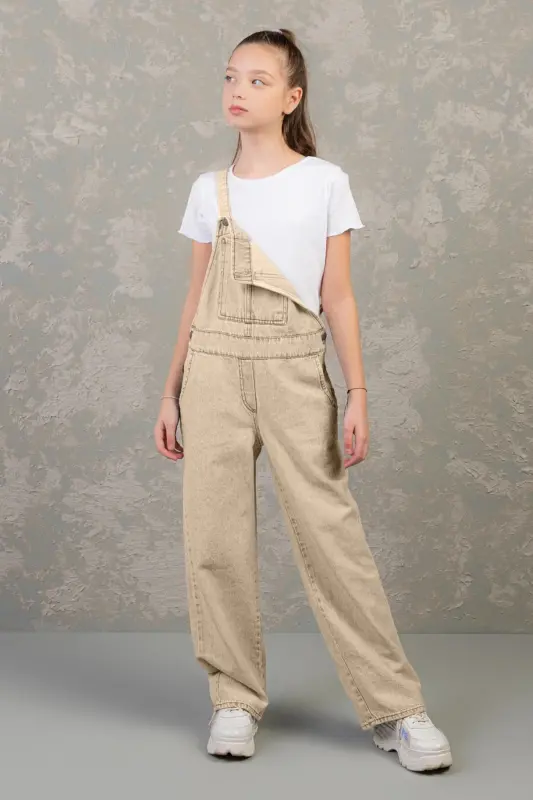 9-14 Age Cotton Girls' Gabardine Jumpsuit-Beige - 2