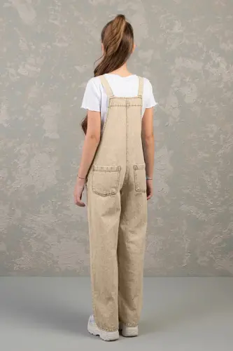9-14 Age Cotton Girls' Gabardine Jumpsuit-Beige - 3