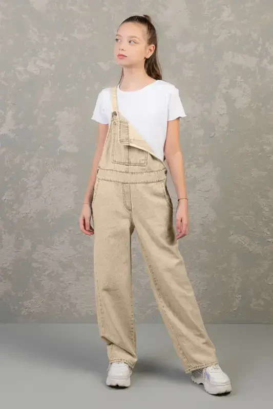 9-14 Yaş Pamuklu Kız Çocuk Gabardin Tulum-Bej - 2