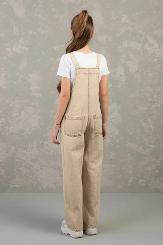 9-14 Yaş Pamuklu Kız Çocuk Gabardin Tulum-Bej - 3