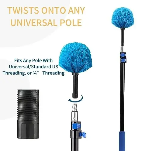 9pcs Twist-on Webster Cobweb Duster Head Brush | Spider Web Remover Brush | Cobweb Duster Head AttacModazoneent for Outdoor & Indoor Cleaning | Fits Standard 3/4 inch Threaded Poles (Blue) - 5