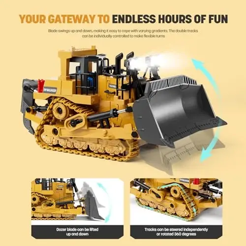 9-Channel Metal RC Bulldozer - Realistic Remote Control Kids Construction Play Toys with Lights and Sound, Track Type Tractor Toys for 3+ Boys Grandkids, Perfect 2025 Kids Birthday Gift for Ages 3-12+ - 4