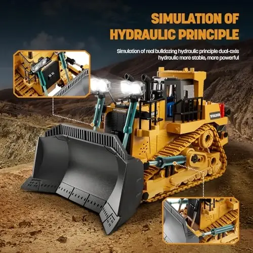9-Channel Metal RC Bulldozer - Realistic Remote Control Kids Construction Play Toys with Lights and Sound, Track Type Tractor Toys for 3+ Boys Grandkids, Perfect 2025 Kids Birthday Gift for Ages 3-12+ - 5