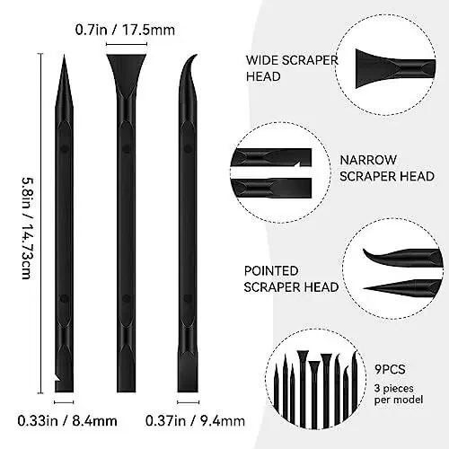9 dona tor joylar uchun plastik qirg'ich asbobi, tirnalmaydigan oshxona qirg'ich tozalash qalami, stikerlar, yorliqlar, yog' dog'lari, ovqat, kirni olib tashlash uchun ideal (qora) - 2