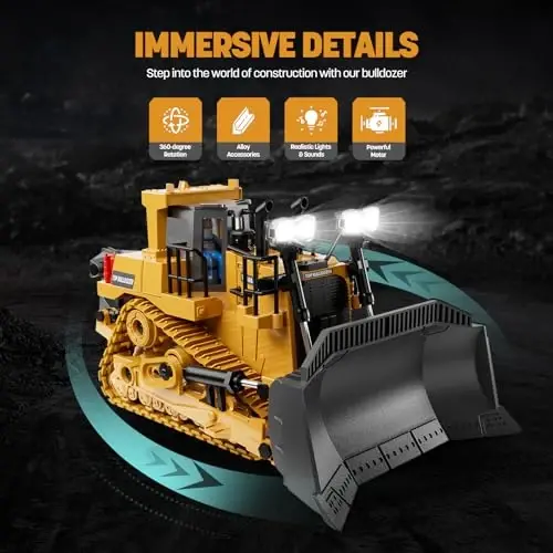9 Kanallı Metal RC Dozer - Işıklı ve Sesli Gerçekçi Uzaktan Kumandalı Çocuk İnşaat Oyun Oyuncakları, 3+ Erkek Torunlar için Paletli Tip Traktör Oyuncakları, 3-12+ Yaş için Mükemmel 2025 Çocuk Doğum Günü Hediyesi - KIDMARKT (1)