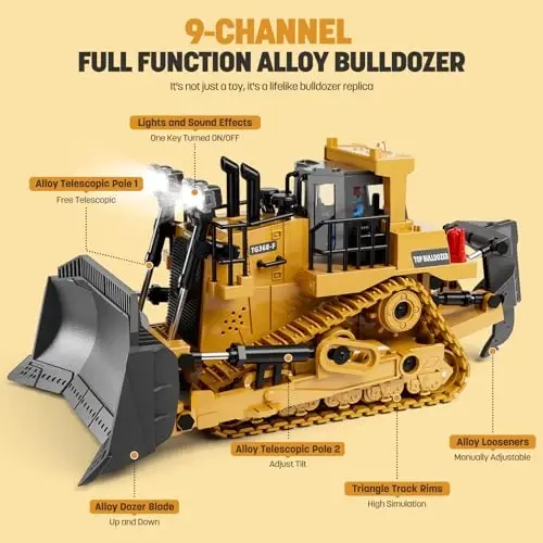 9 kanalli metall RC buldozeri - yorug'lik va ovozli real masofadan boshqarish bolalar qurilish o'yinchoqlari, 3+ o'g'il nabiralari uchun trek tipidagi traktor o'yinchoqlari, 3-12+ yoshdagi bolalar uchun ideal 2025 tug'ilgan kun sovg'asi - KIDMARKT (1)