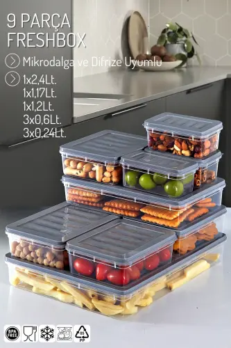 9 Lu Set Freshbox Mikrodalga Ve Difrize Uygun Saklama Kabı Gri - 1