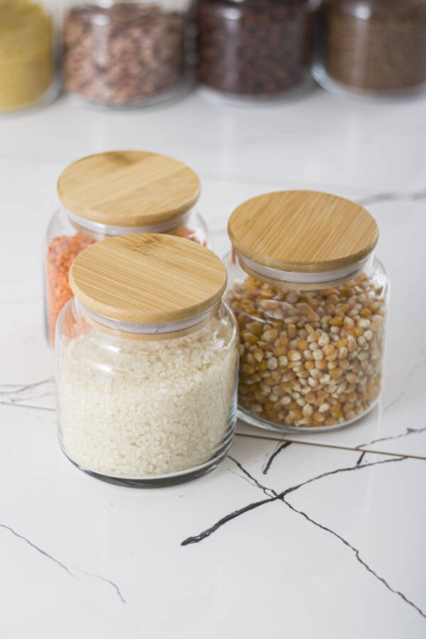 9 Piece Bamboo Lid Glass Jar & Food Storage Container Set 3 X (1.3 LT 0.80 LT 0.50 LT (Vacuum Lid)) - 12