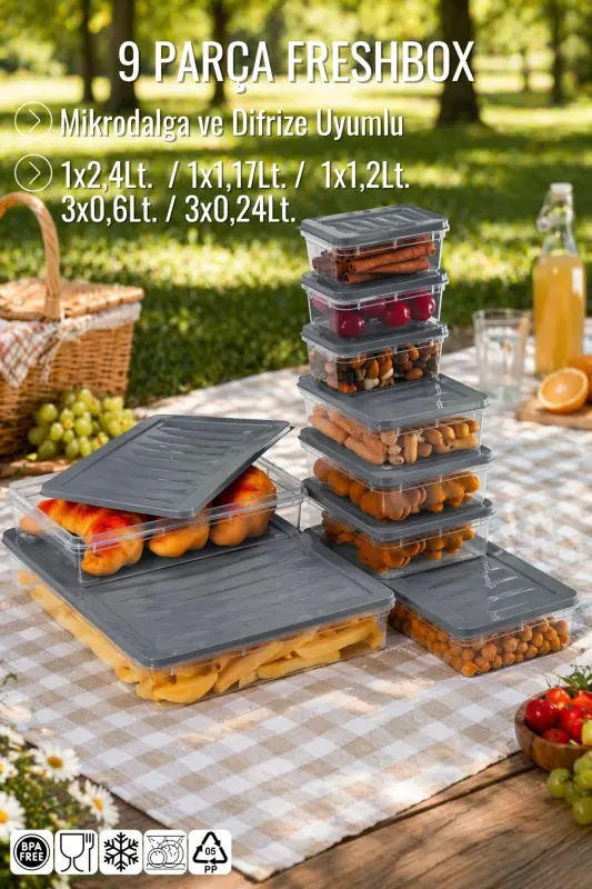 9 Piece Set Freshbox Microwave and Freezer Safe Storage Container Grey - NANDY HOME