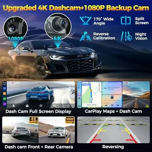 9” Wireless Apple CarPlay Android Auto Screen - 4K Dash Cam, GPS Navigation, HD Touchscreen, AirPlay, 1080P Backup Camera, Car Stereo - by Jataza - 3