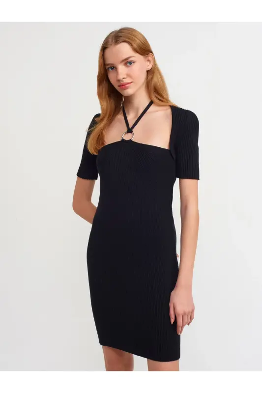 90130 Front Metal Laced Knitted Dress-black-Black - 1