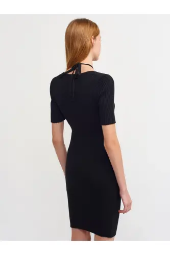 90130 Front Metal Laced Knitted Dress-black-Black - DILVIN (1)