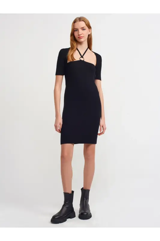 90130 Front Metal Laced Knitted Dress-black-Black - 3