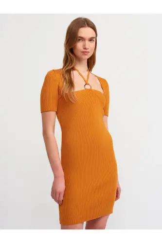 90130 Front Metal Laced Knitted Dress-O.Orange-O.Orange - 3