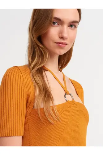 90130 Front Metal Laced Knitted Dress-O.Orange-O.Orange - 4