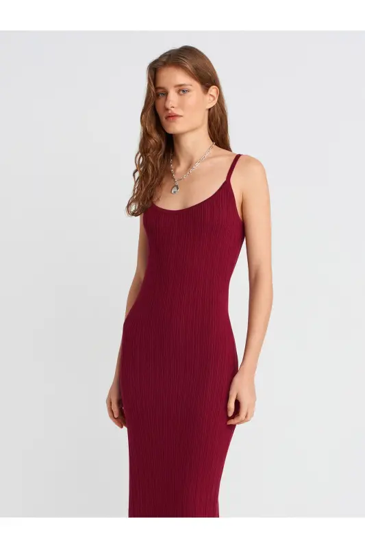 90139 Askılı Triko Elbise-Bordo-Bordo - 3