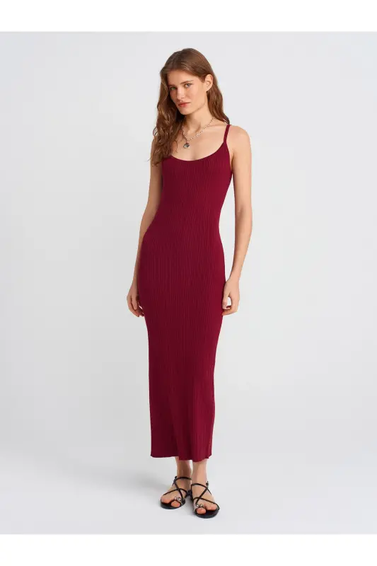 90139 Askılı Triko Elbise-Bordo-Bordo - 1