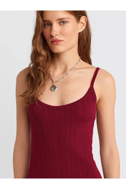 90139 Askılı Triko Elbise-Bordo-Bordo - 4