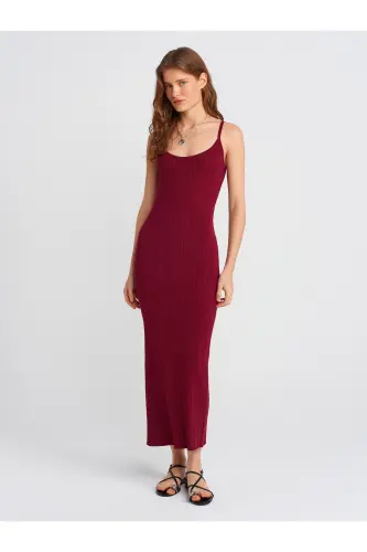 90139 Askılı Triko Elbise-Bordo-Bordo 