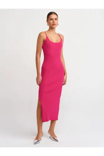 90139 Askılı Triko Elbise-fuşya-Fuşya - 1