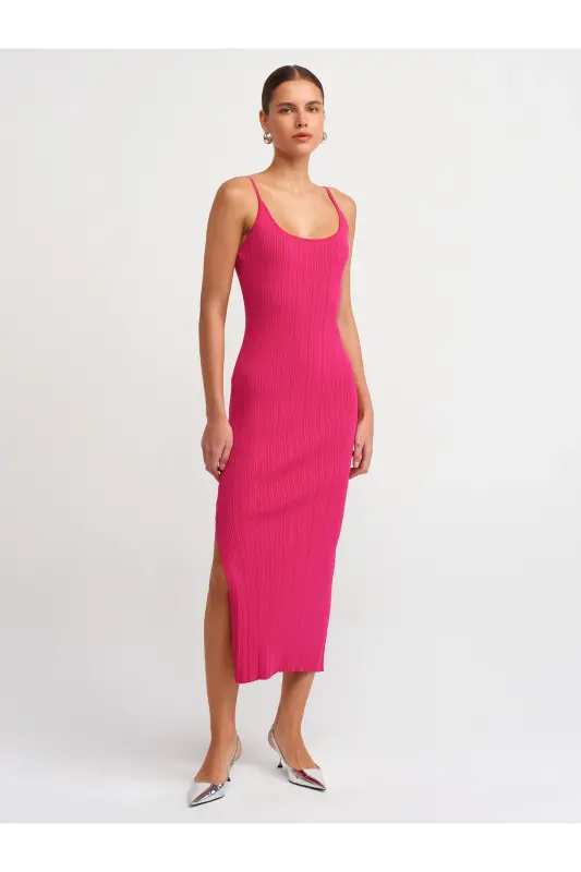 90139 Askılı Triko Elbise-fuşya-Fuşya - 1