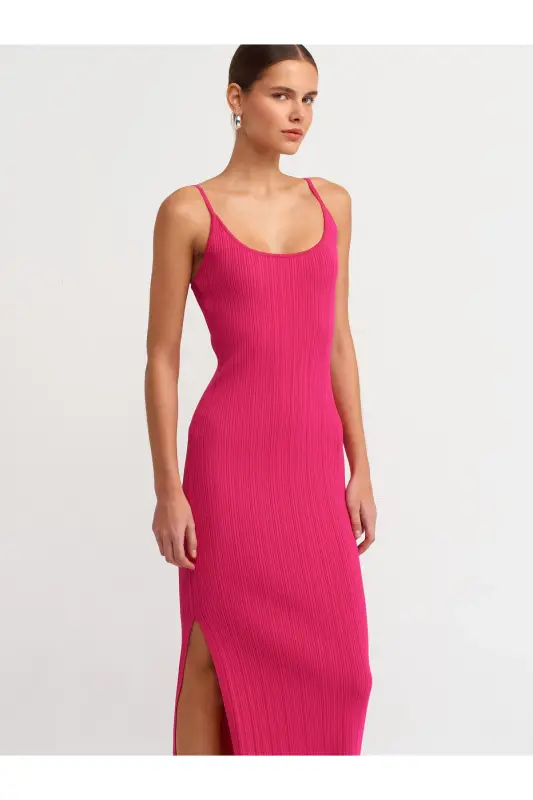 90139 Askılı Triko Elbise-fuşya-Fuşya - 3