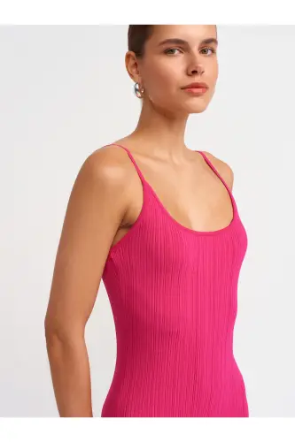 90139 Askılı Triko Elbise-fuşya-Fuşya - 4