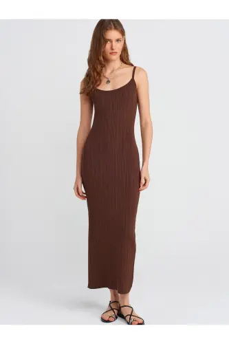 90139 Askılı Triko Elbise-Kahve-Kahve - 1