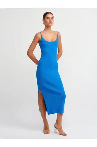 90139 Askılı Triko Elbise-Saks-Saks - 1