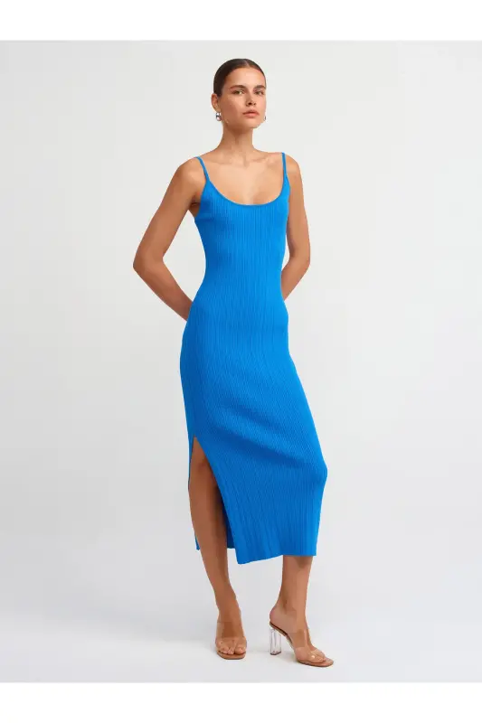 90139 Askılı Triko Elbise-Saks-Saks - DILVIN