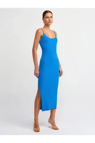 90139 Askılı Triko Elbise-Saks-Saks - 3