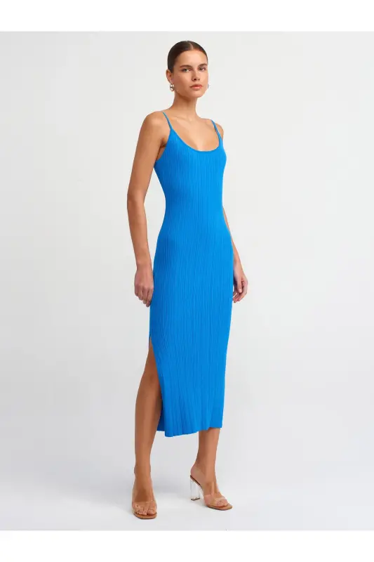 90139 Askılı Triko Elbise-Saks-Saks - 3