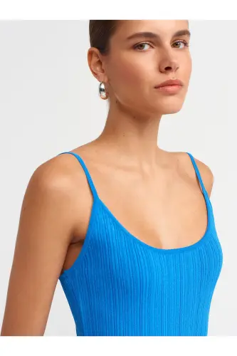 90139 Askılı Triko Elbise-Saks-Saks - 4