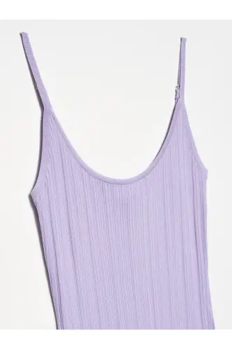 90139 Yırtmaçlı Askılı Triko Elbise-Lavanta-Lavanta - 3
