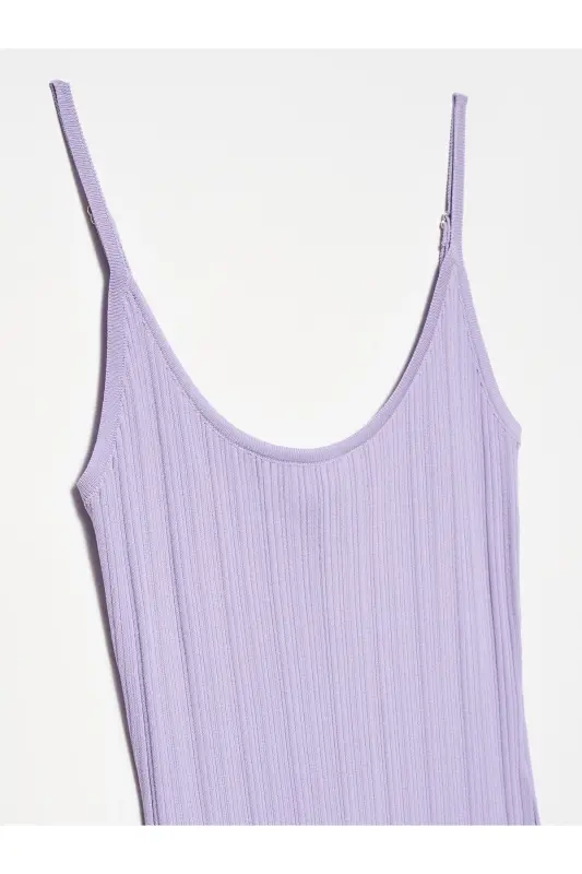 90139 Yırtmaçlı Askılı Triko Elbise-Lavanta-Lavanta - 3