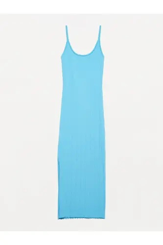 90139 Yırtmaçlı Askılı Triko Elbise-Turkuaz-Turkuaz 