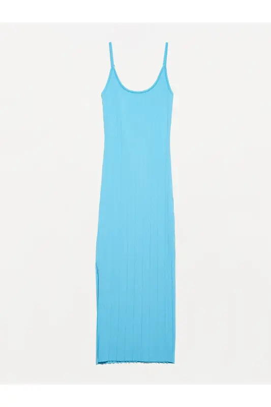 90139 Yırtmaçlı Askılı Triko Elbise-Turkuaz-Turkuaz - DILVIN