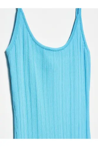 90139 Yırtmaçlı Askılı Triko Elbise-Turkuaz-Turkuaz - 3