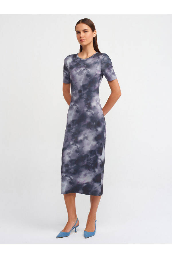 90186 Bicycle Neck Short Sleeve Printed Knit Dress-Smoke - 9