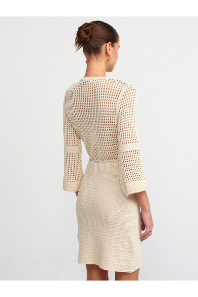 90190 Buttoned Knit Dress with Lace Flower Pattern - Natural - DILVIN (1)
