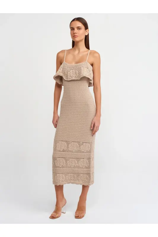 90195 Askılı Triko Elbise-bej-Bej - 1