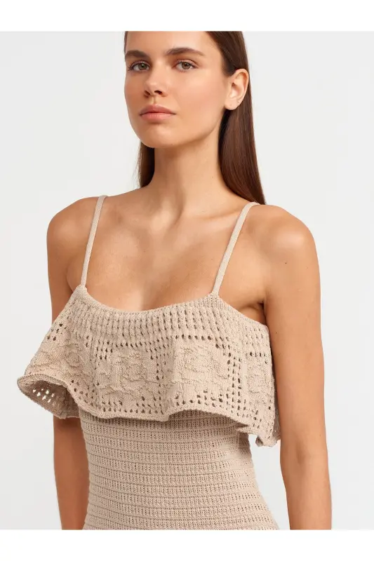 90195 Askılı Triko Elbise-bej-Bej - 4